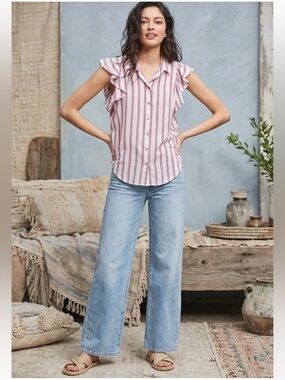 Anthropologie Maeve Fairhope Candy‎ Striped Ruffle Romantic Flutter Sleeve Top